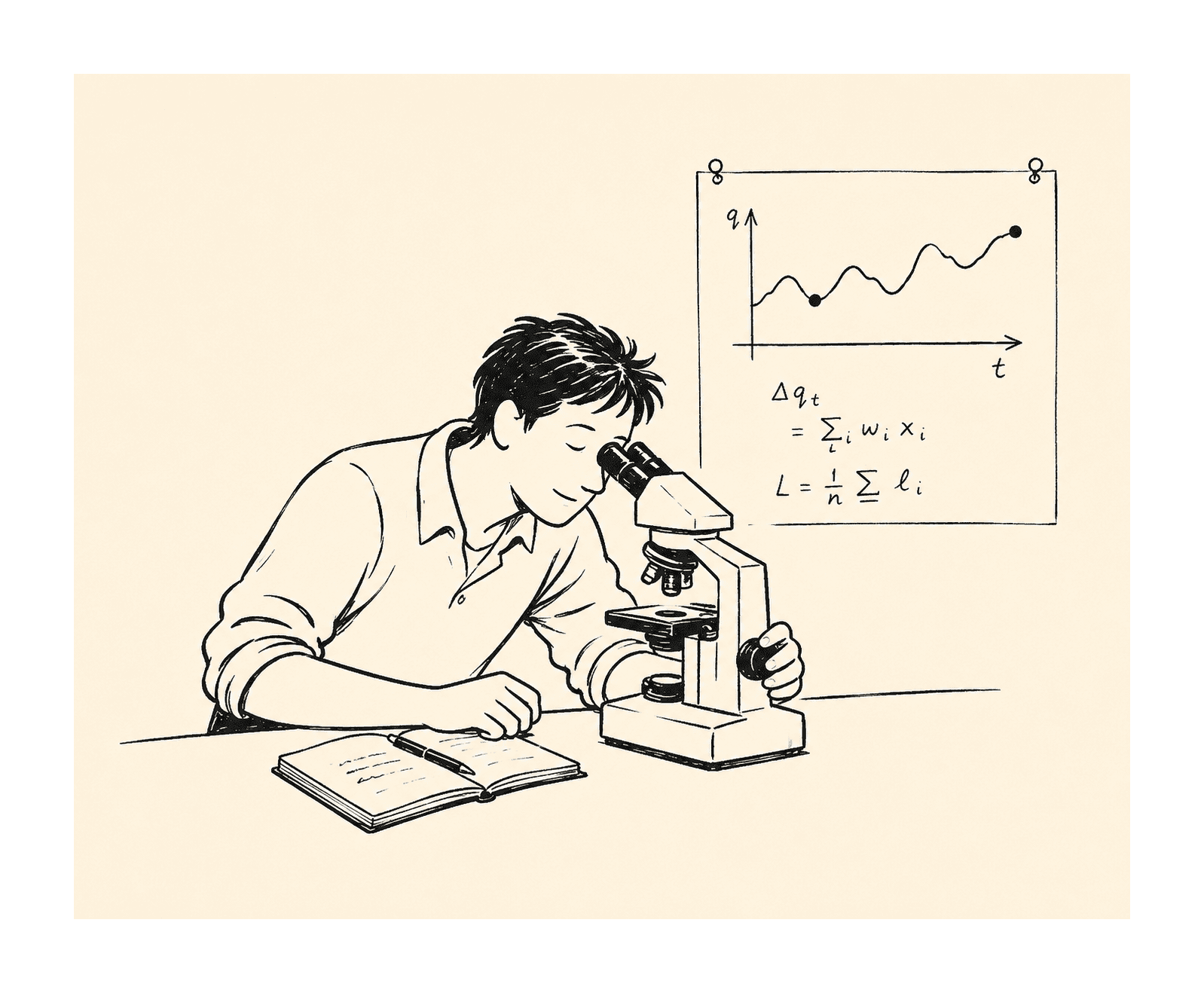A person leaning into a microscope, with a hand-drawn line graph of quality over time on the wall behind them